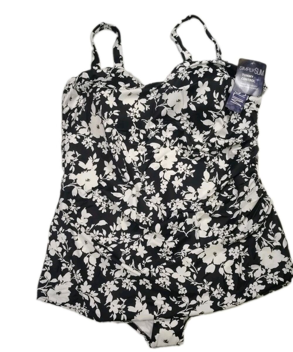 New Simply Slim Black White Floral Slimming Bathing Suit Swimsuit 3X 22W - 24W